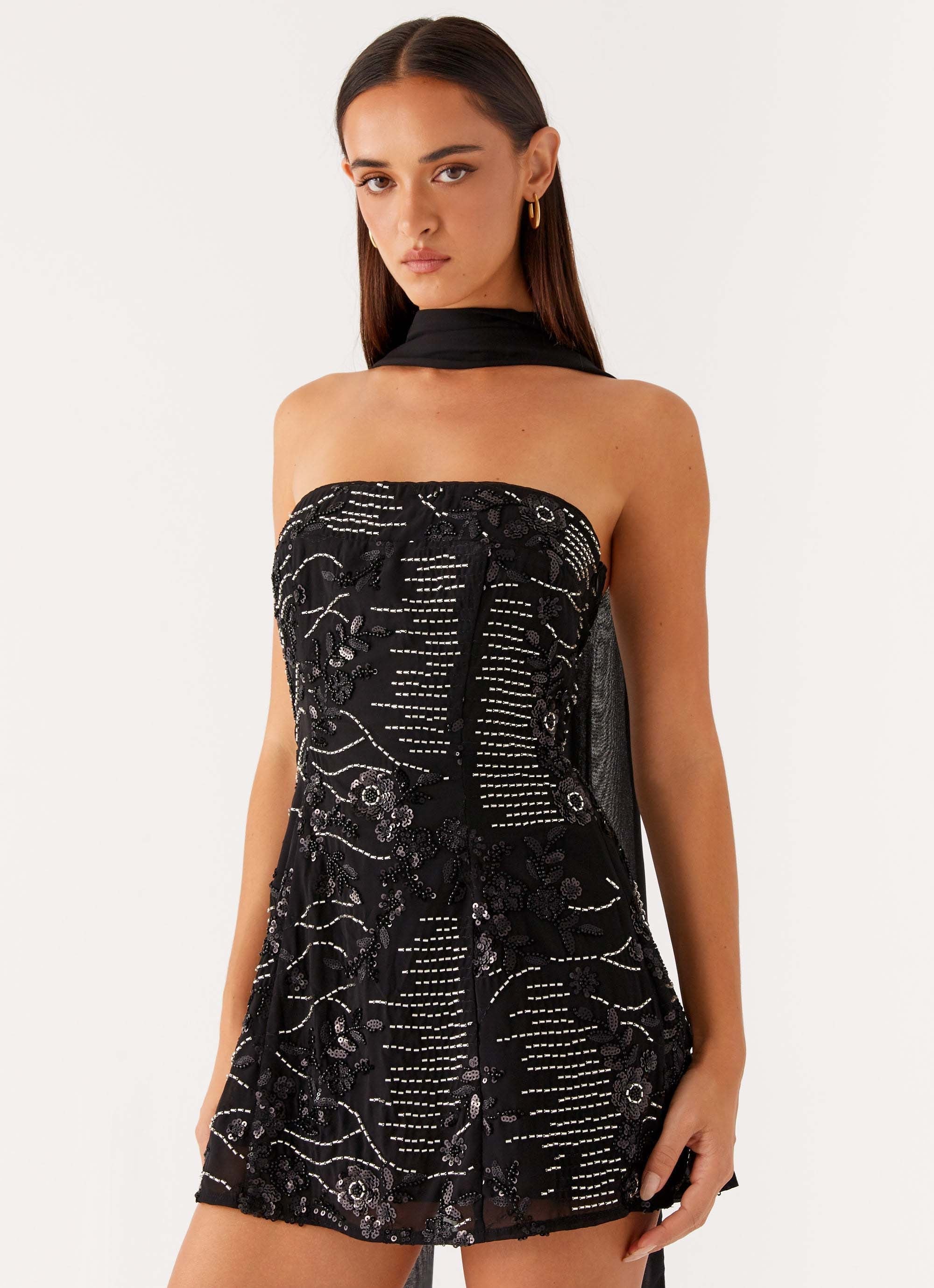 Kiesha Strapless Scarf Mini Dress Black