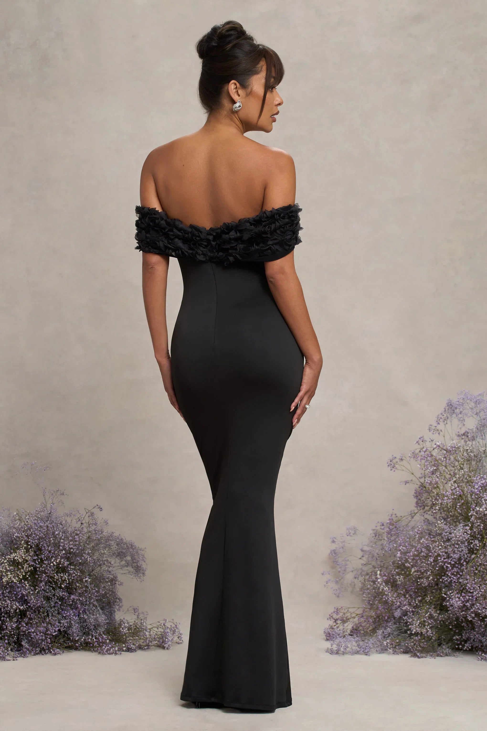 Inflorescence Black Mesh Floral Bardot Maternity Maxi Dress