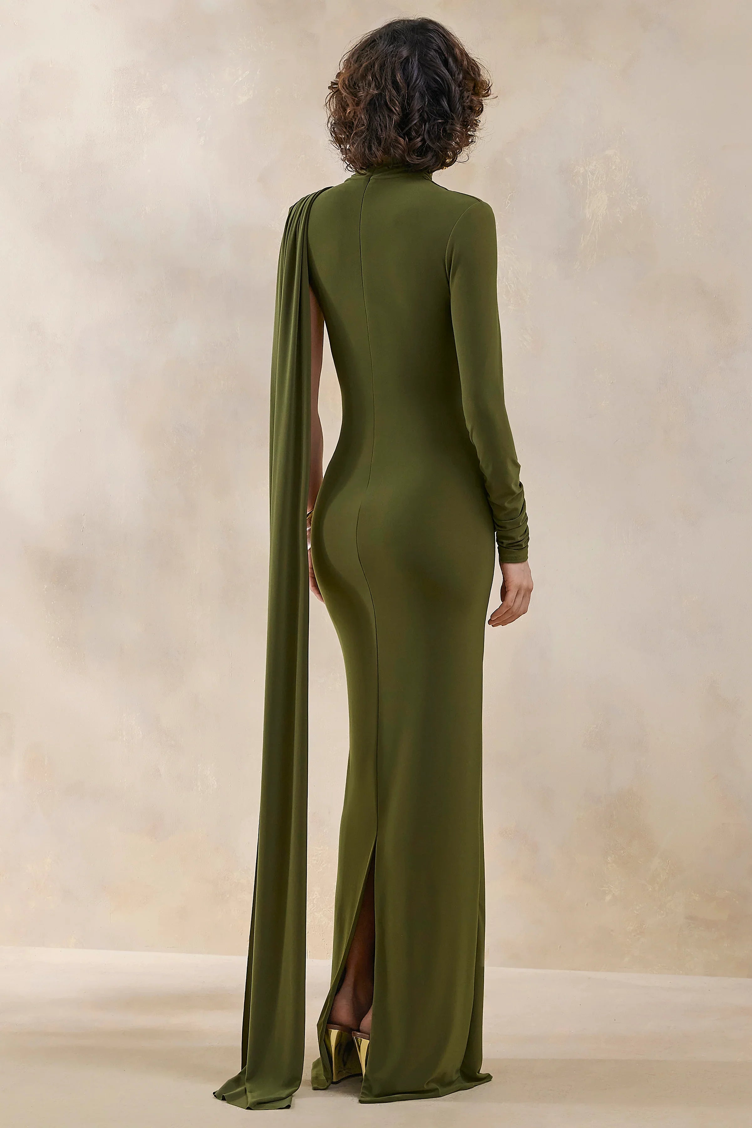 Oliria Olive High Neck Maxi Dress With One Long Sleeve And Sash Detail