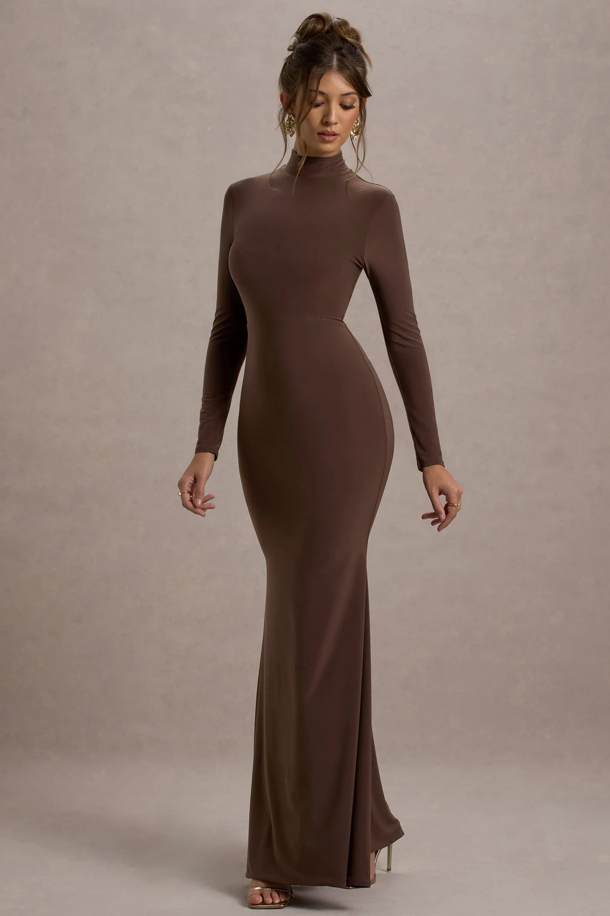 Tova Chocolate High Neck Long Sleeve Maxi Dress