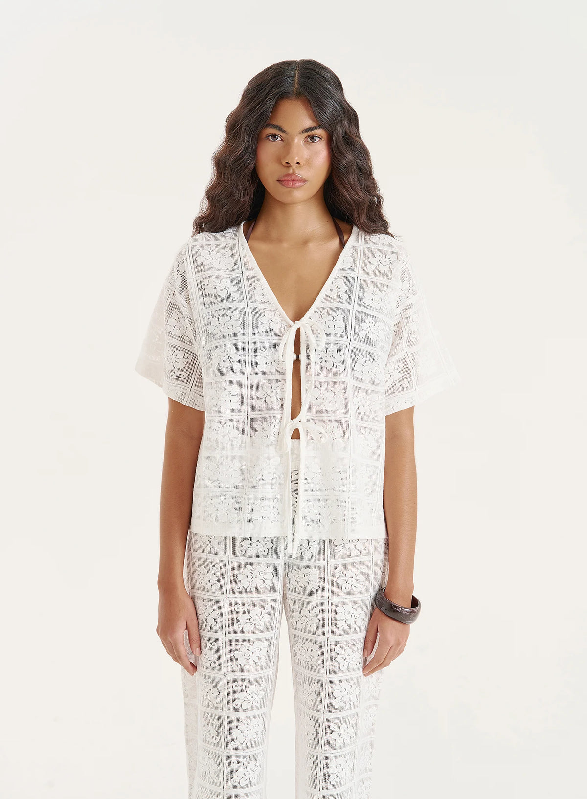 White Crochet Lace Tie Front Top