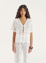 White Crochet Lace Tie Front Top