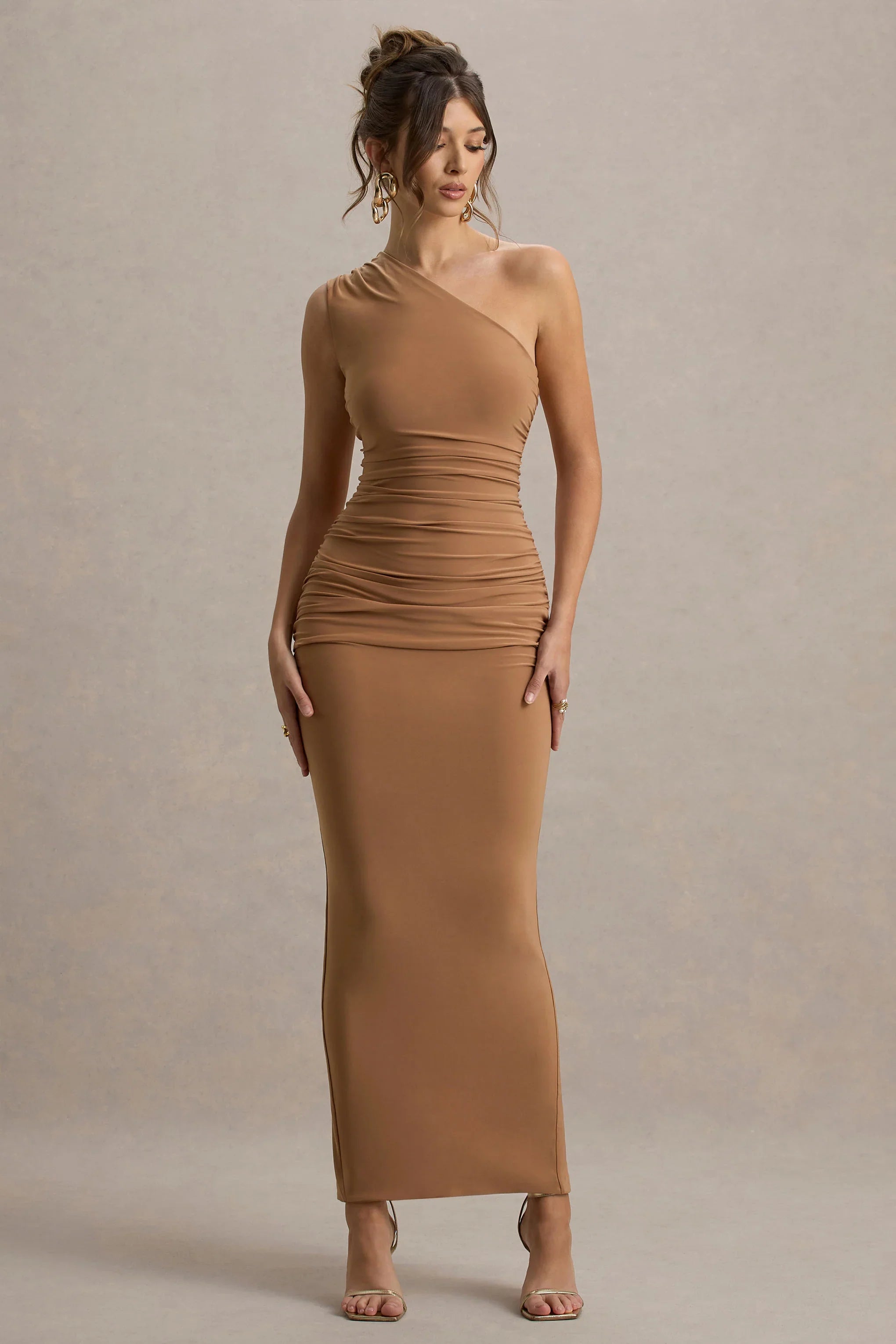 Dalarie Brown One Shoulder Gathered Maxi Dress
