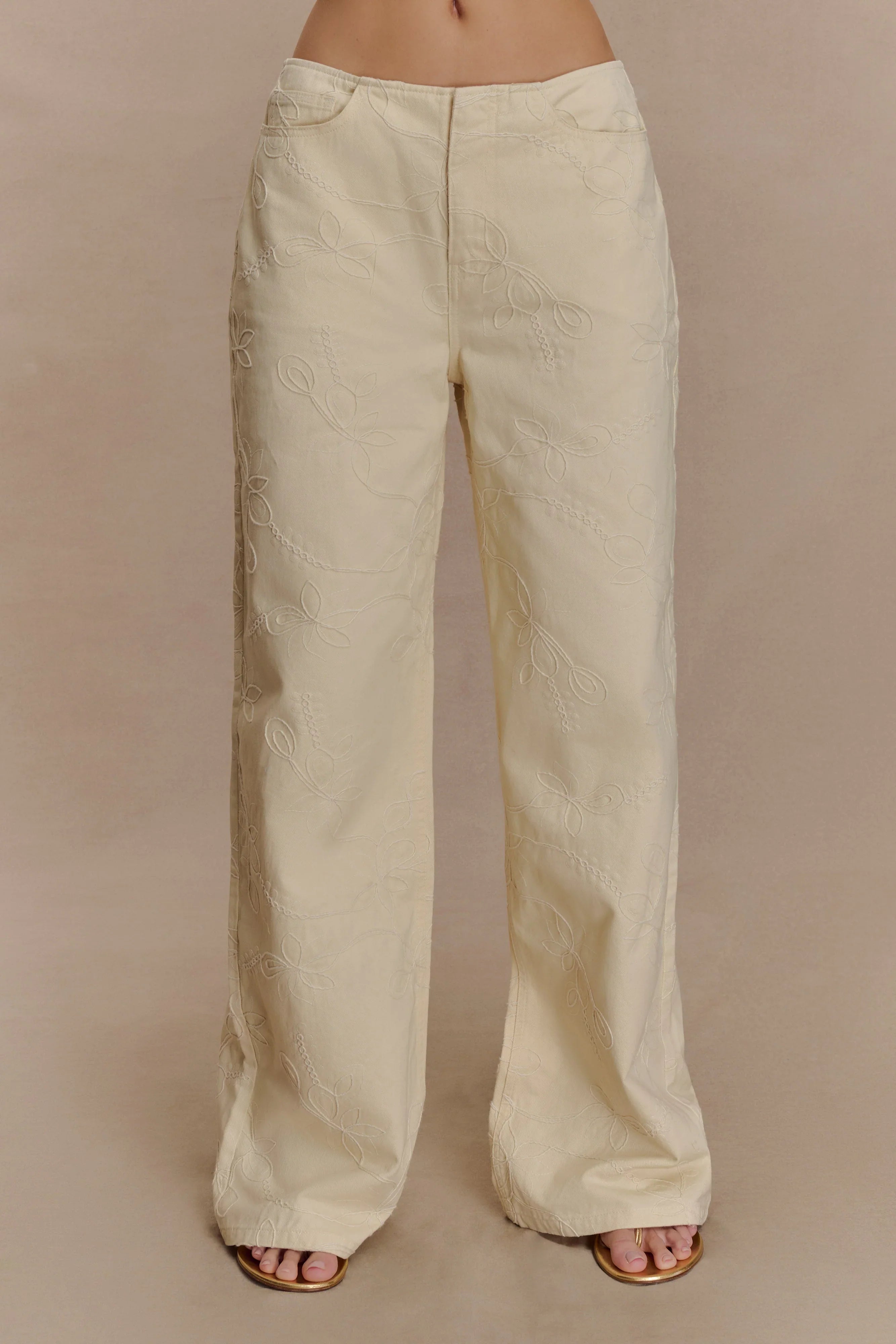 Ebony Embroidered Denim Jeans Cream
