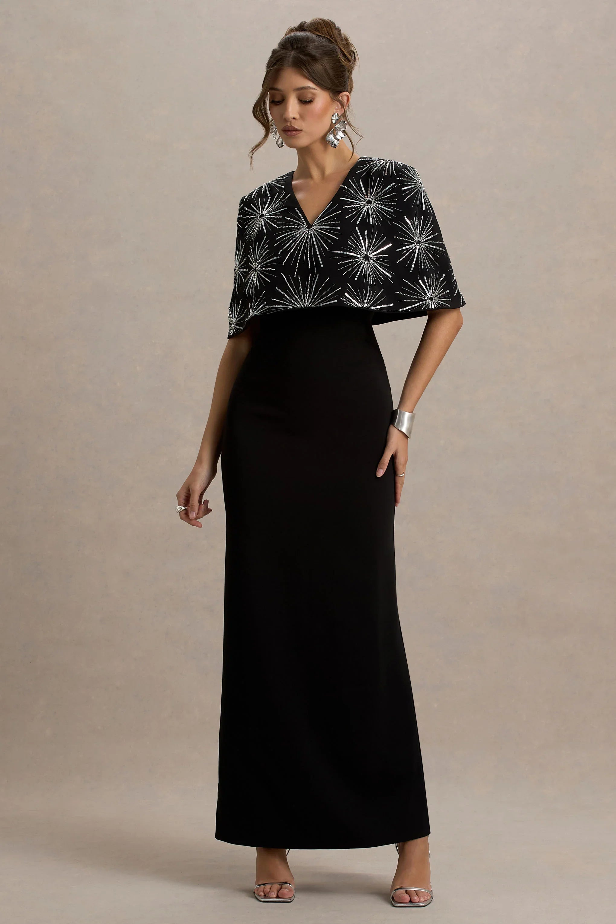 Agnella Black Embellished V Neck Maxi Dress