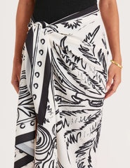 Black And White Palm Print Satin Sarong