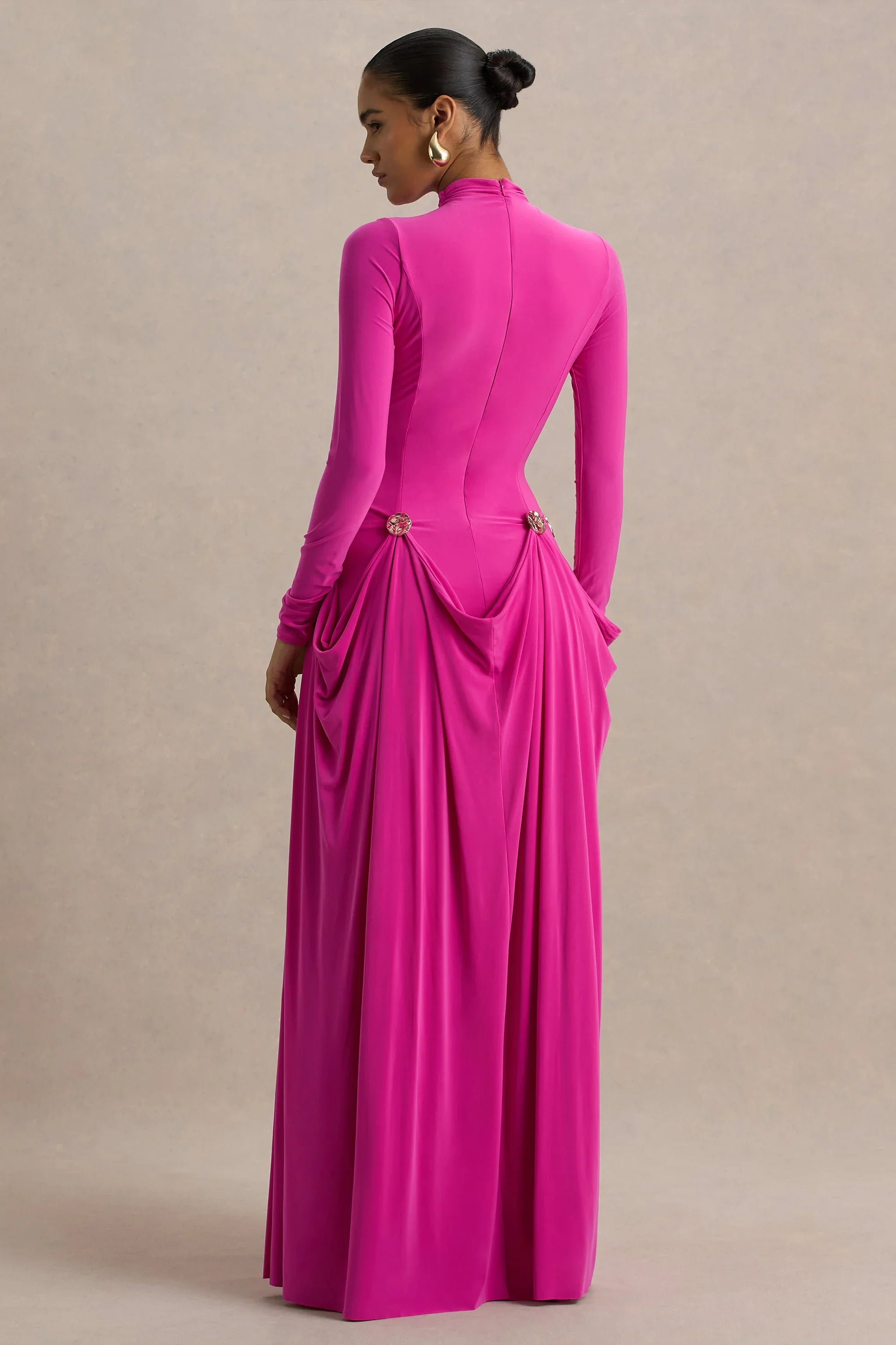 Caprice Hot Pink High Neck Maxi Dress With Embellished Details