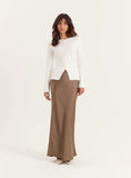 Khaki Satin Maxi Skirt