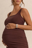 Lisbon Brown Maternity Square Neck Ruched Midi Dress
