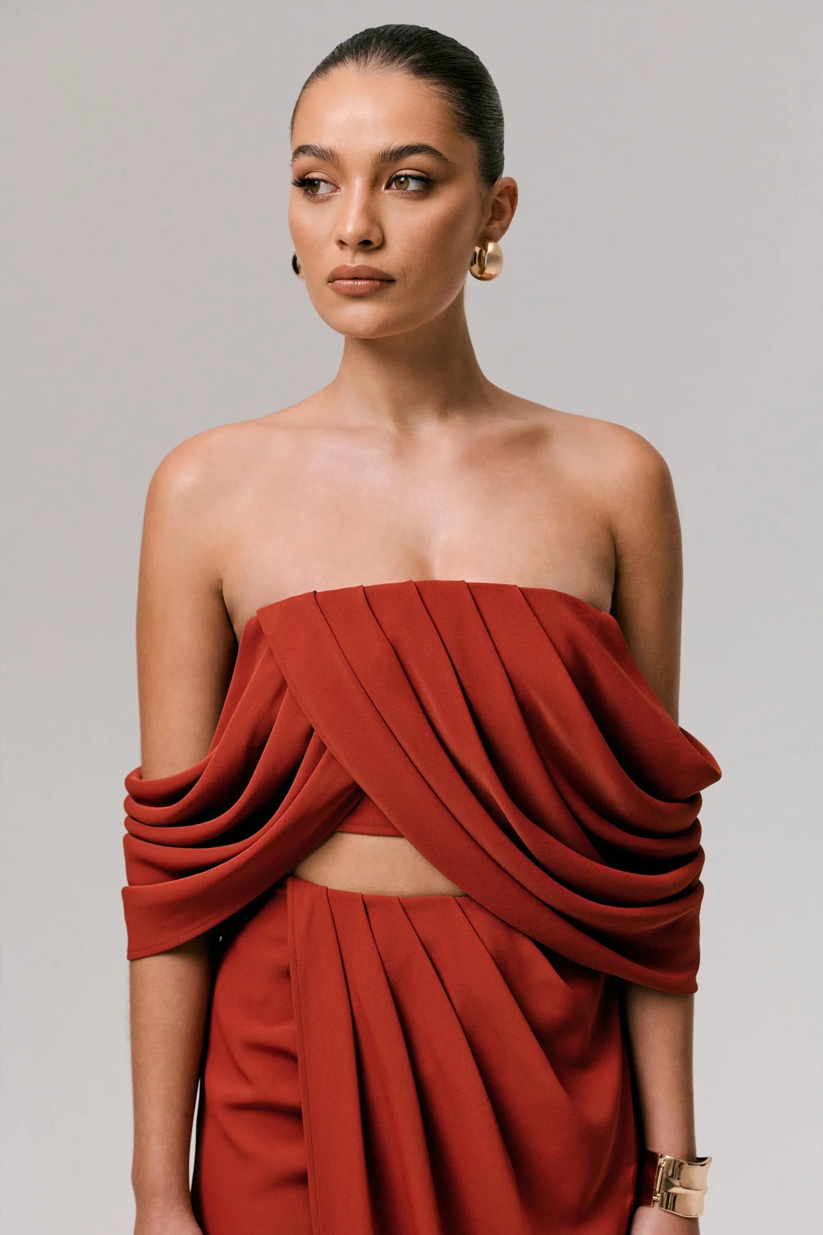 Talika Terracotta Bardot Crop Top With Draped Sleeves