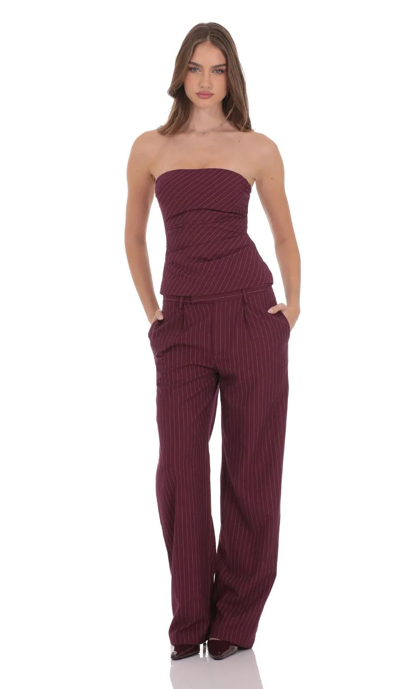 Pinstripe Wide Leg Linen Pants in Burgundy