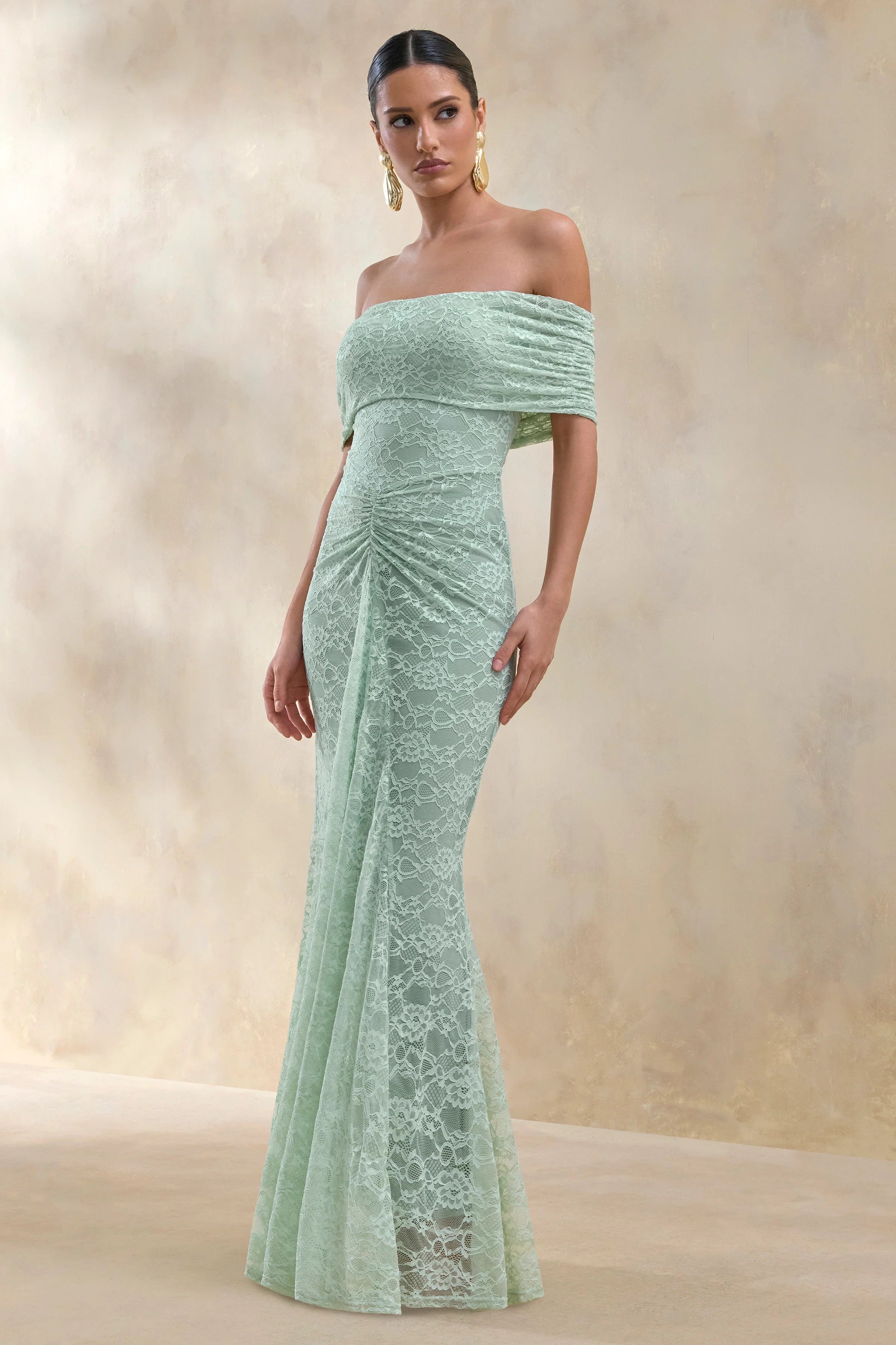 Elinor Sage Lace Bardot Neck Maxi Dress With Gathered Detailing