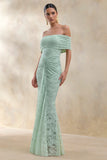 Elinor Sage Lace Bardot Neck Maxi Dress With Gathered Detailing