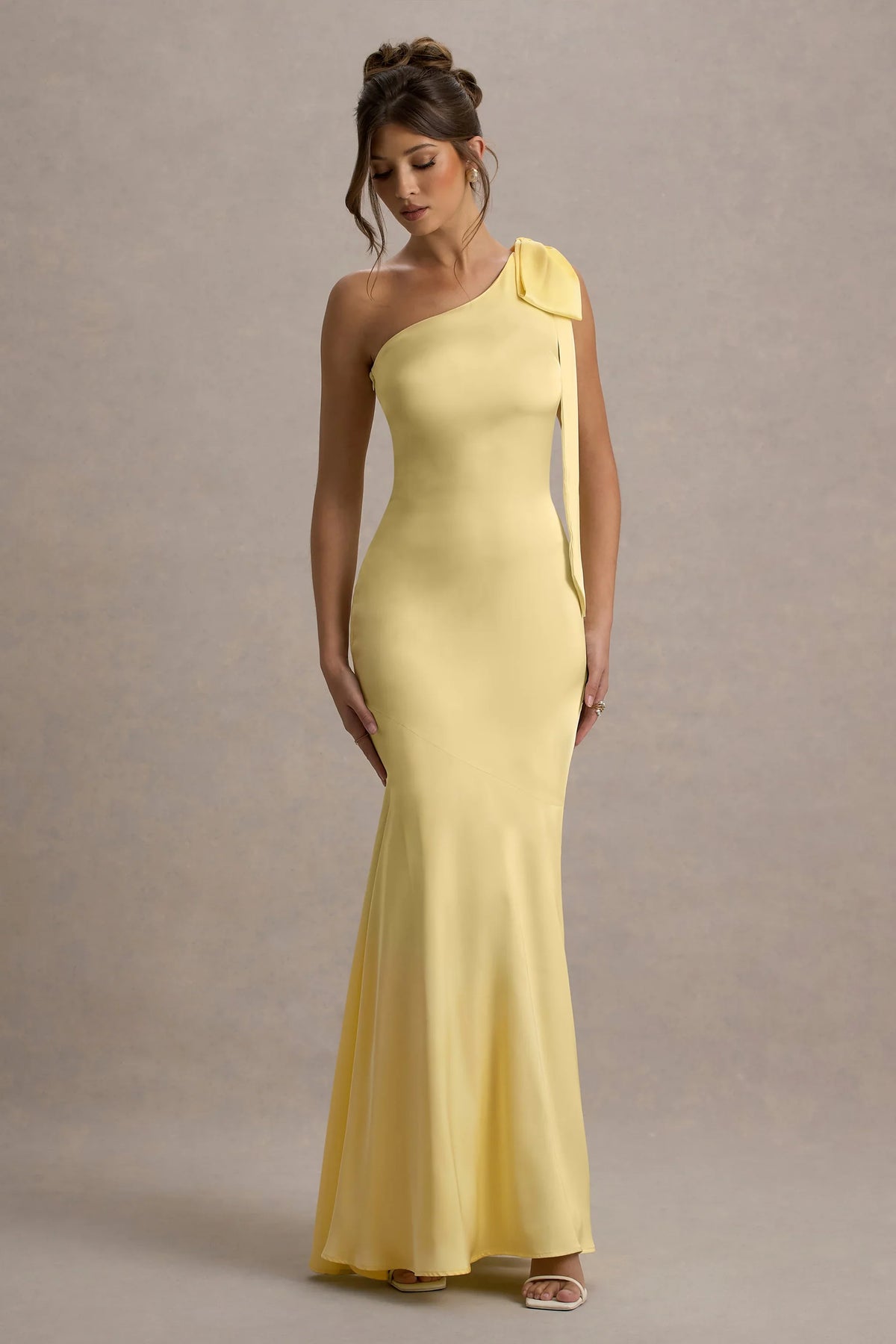 Here For Love Pale Lemon Satin Asymmetric Maxi Dress With Bow