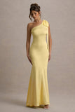 Here For Love Pale Lemon Satin Asymmetric Maxi Dress With Bow