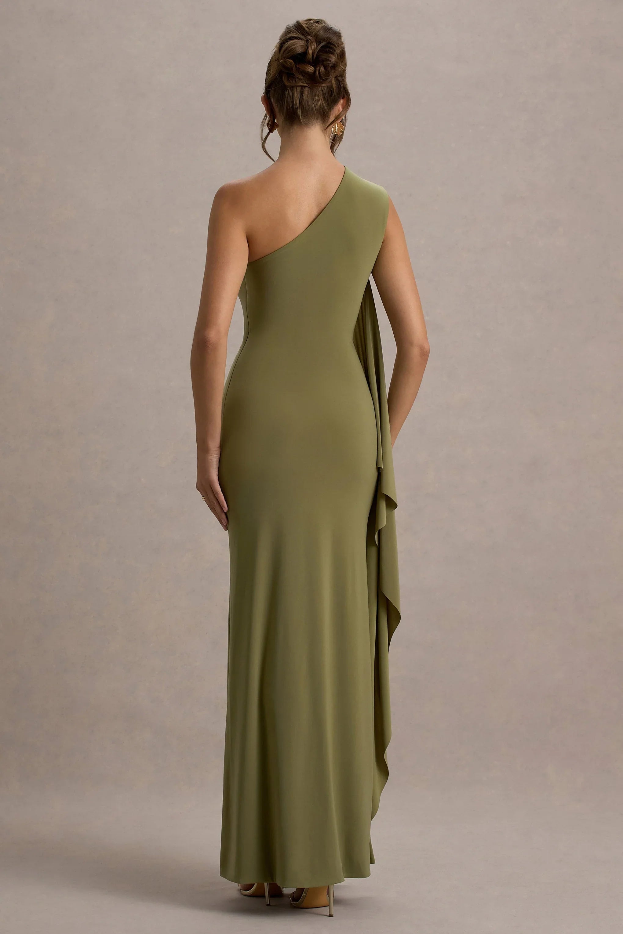 Adelina Olive One Shoulder Maxi Dress With Drape