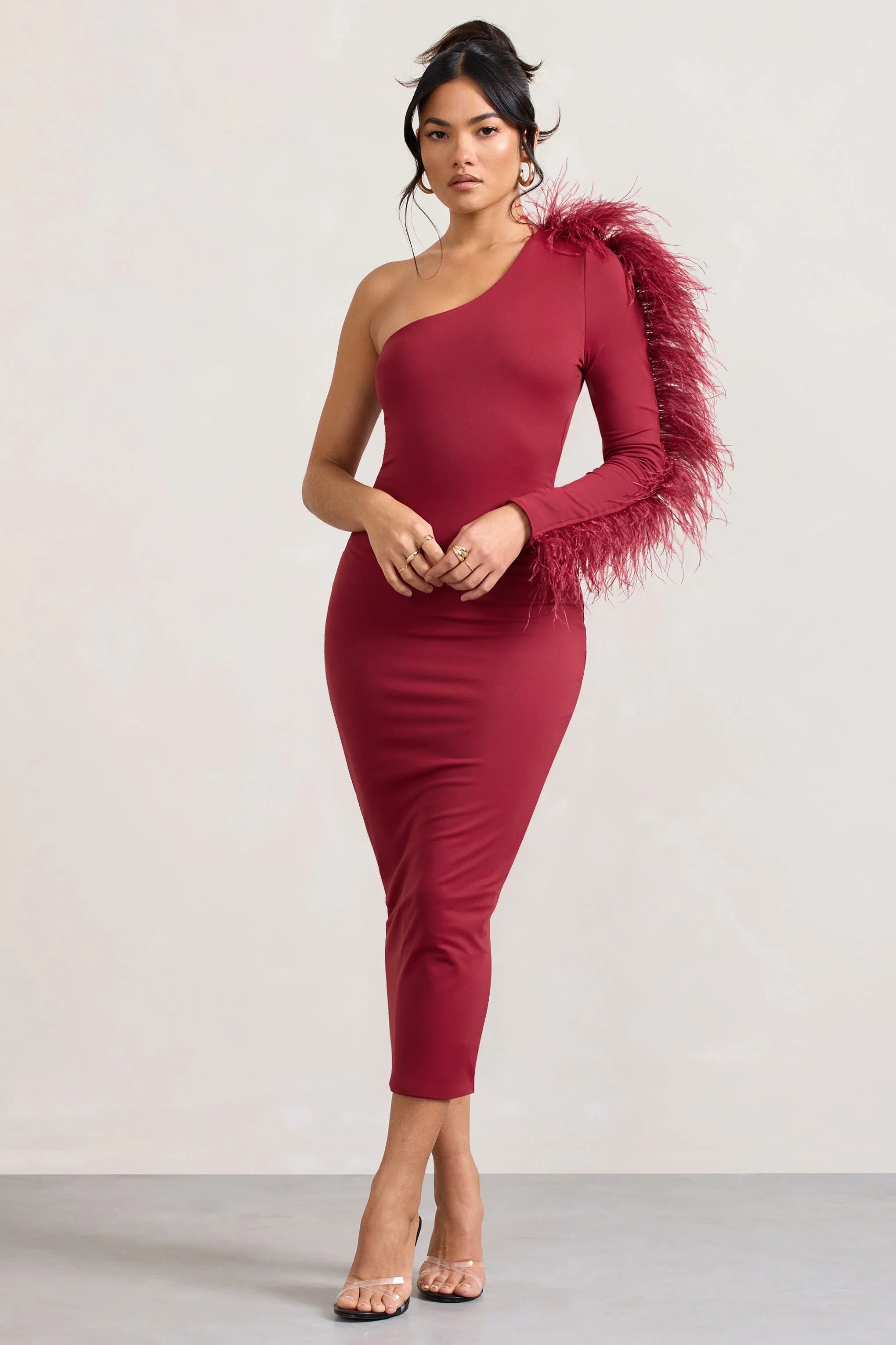 Wild One Burgundy One Shoulder Bodycon Midi Dress With Feather Trimmed Sleeve