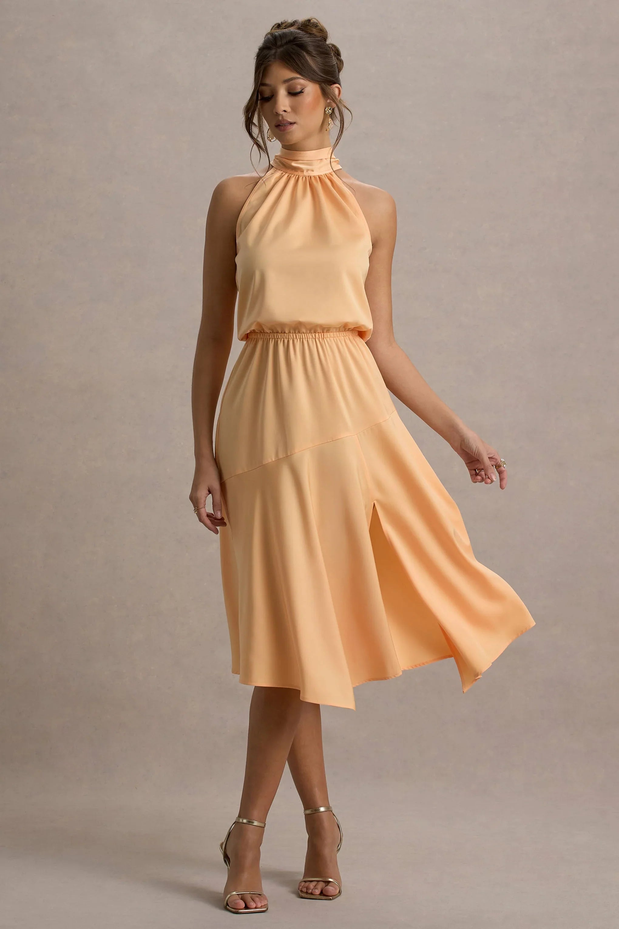 Palonia Peach Satin High Neck Split Midi Dress