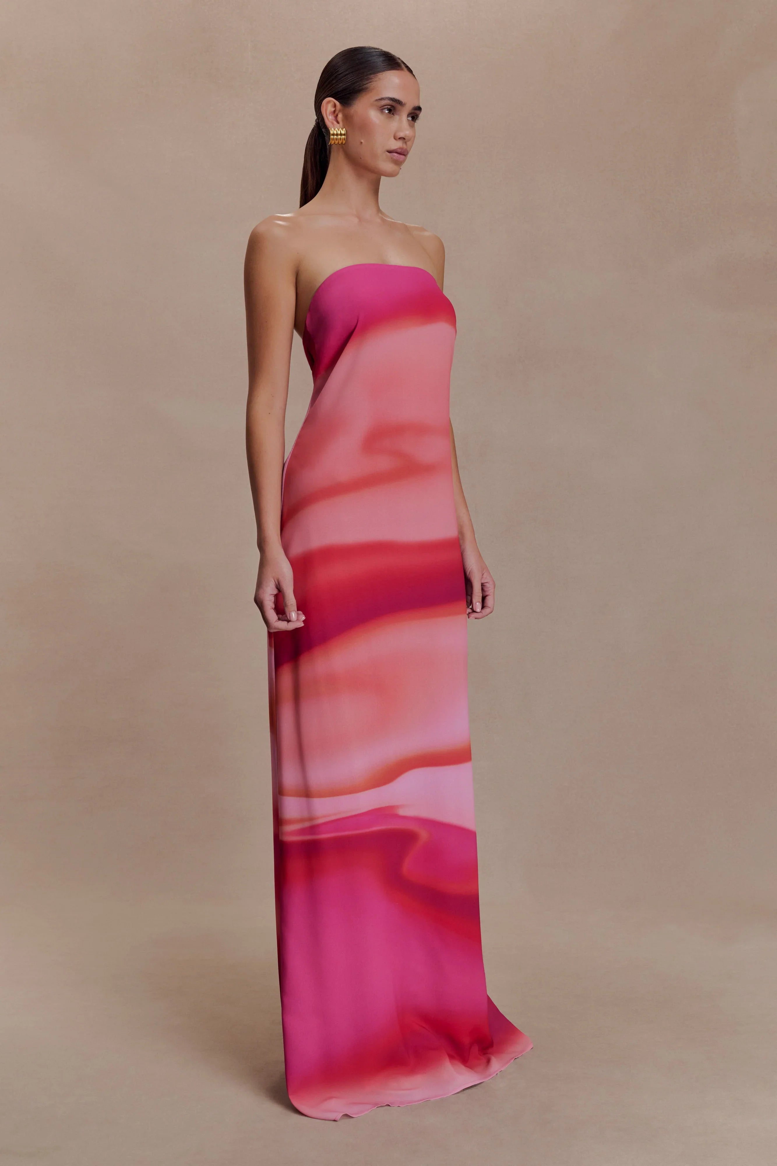 Amaya Strapless Chiffon Maxi Dress Pink Sunset Print