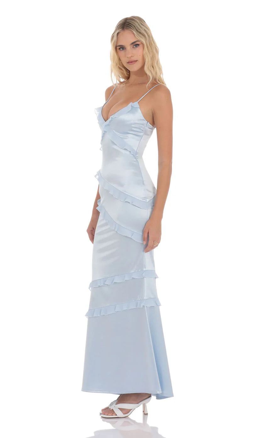 Satin V Neck Ruffle Mermaid Maxi Dress in Light Blue