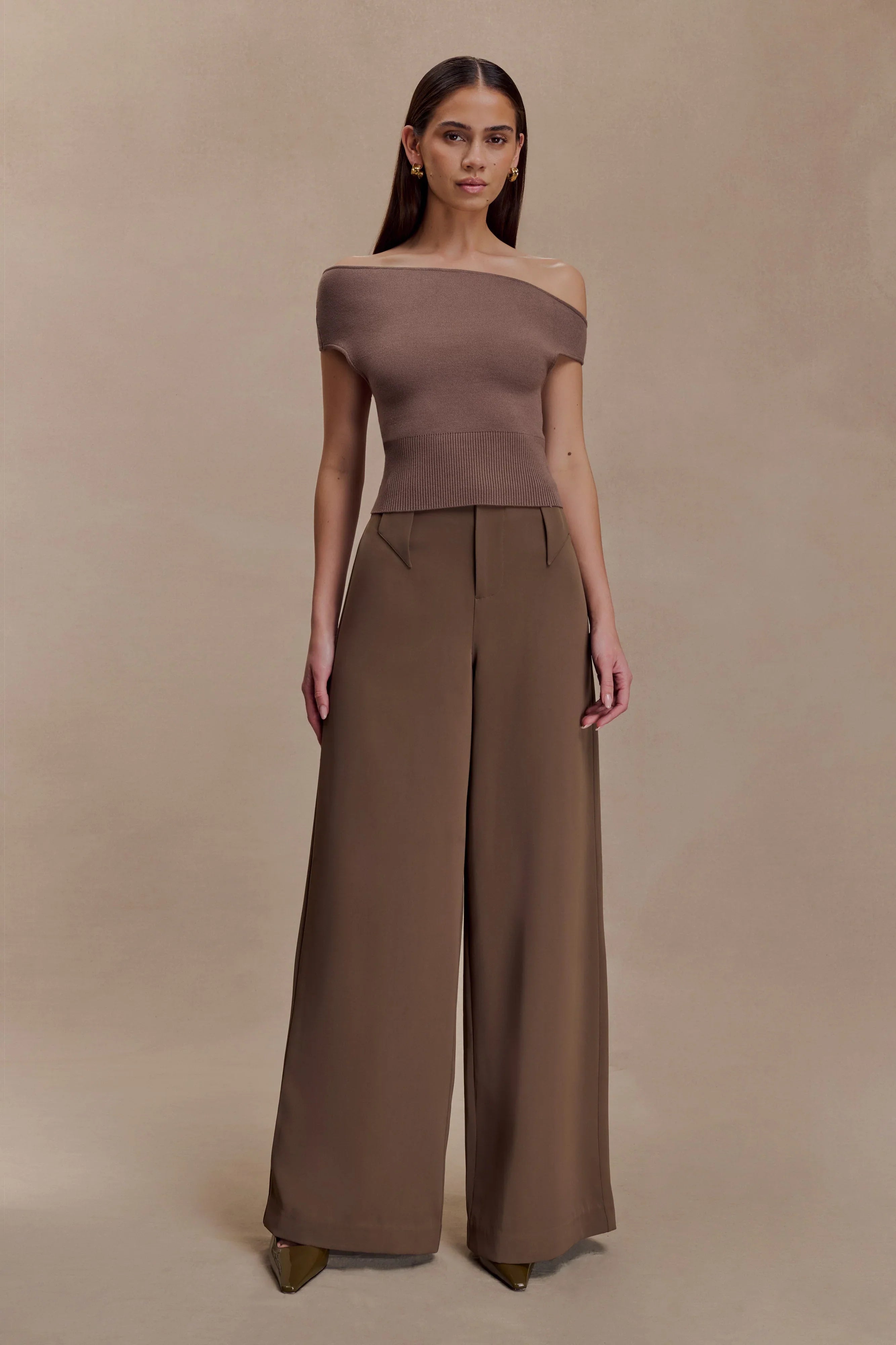 Carley Off Shoulder Knit Top Cacao Brown