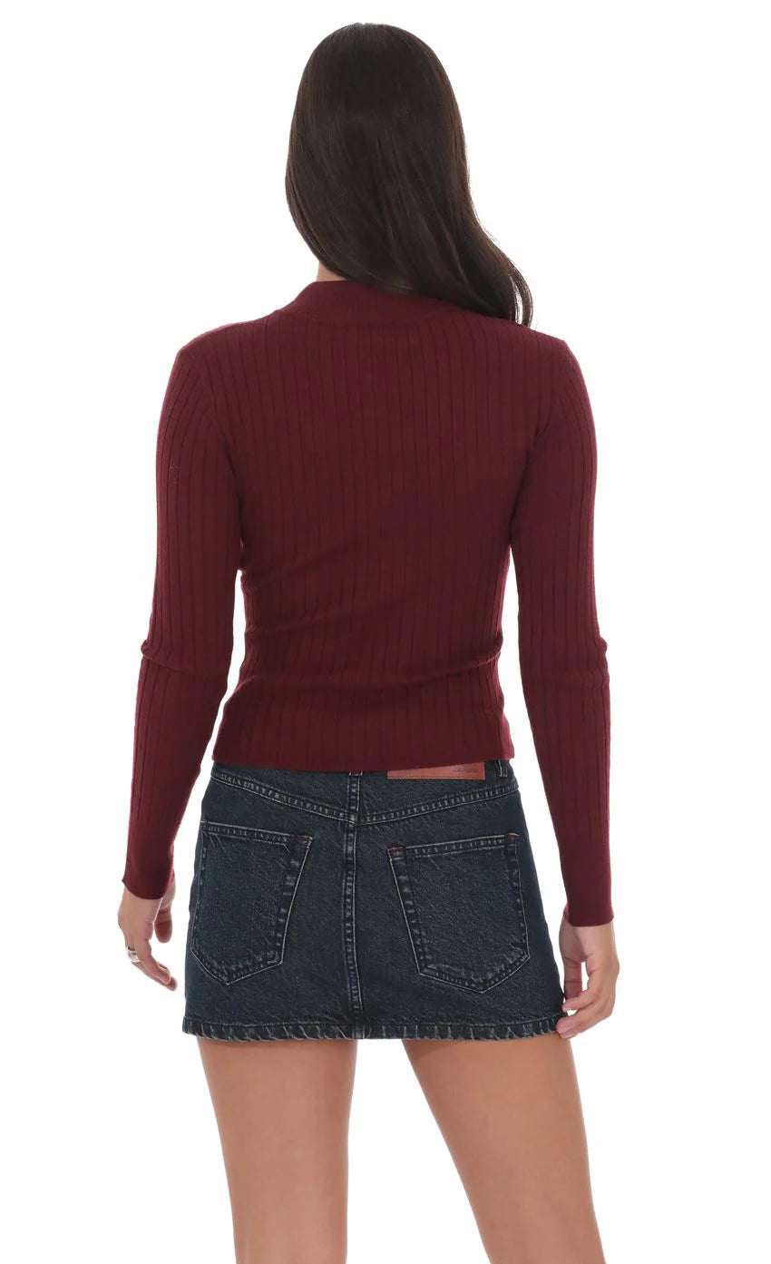 Mock Neck Zip Up Cardigan in Maroon