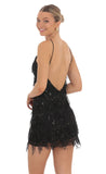 Fringe Sequin Open Back Dress in Black