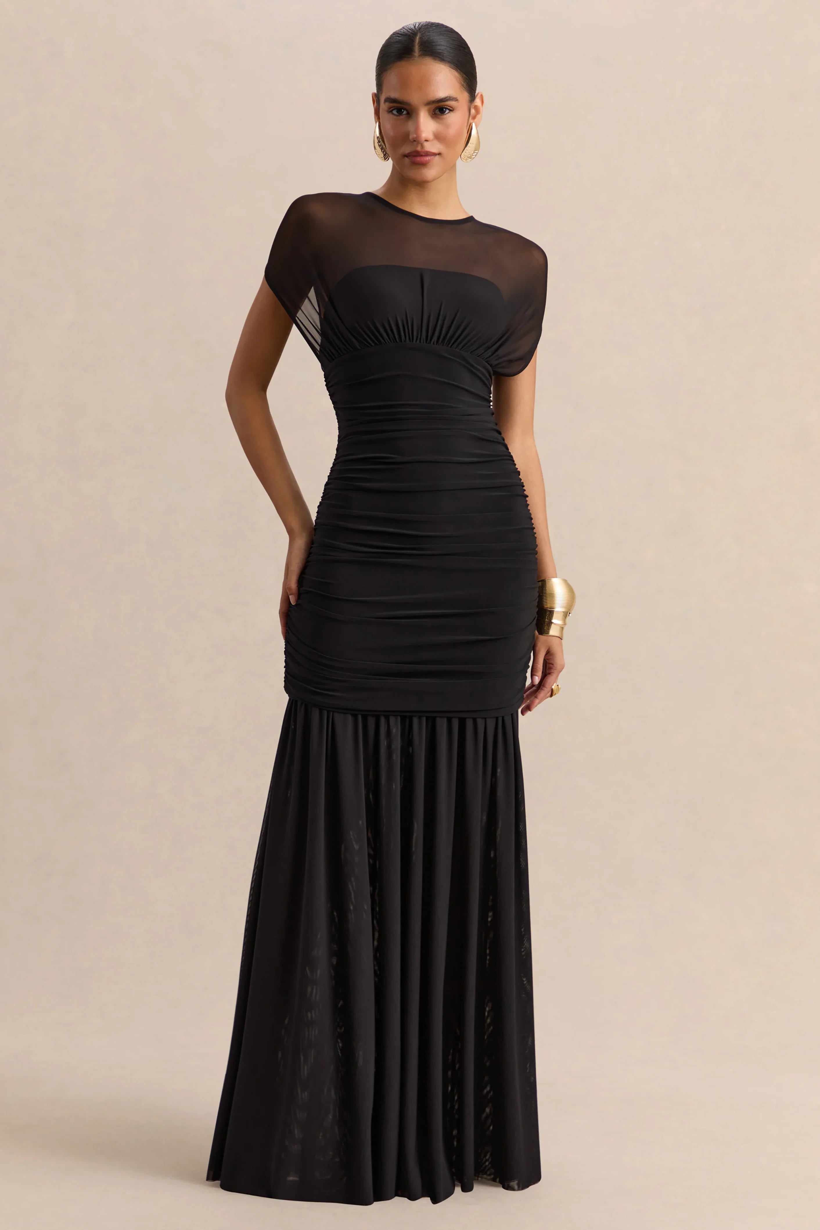 Kalene Black Wide Neck Maxi Dress With Sheer Detailing