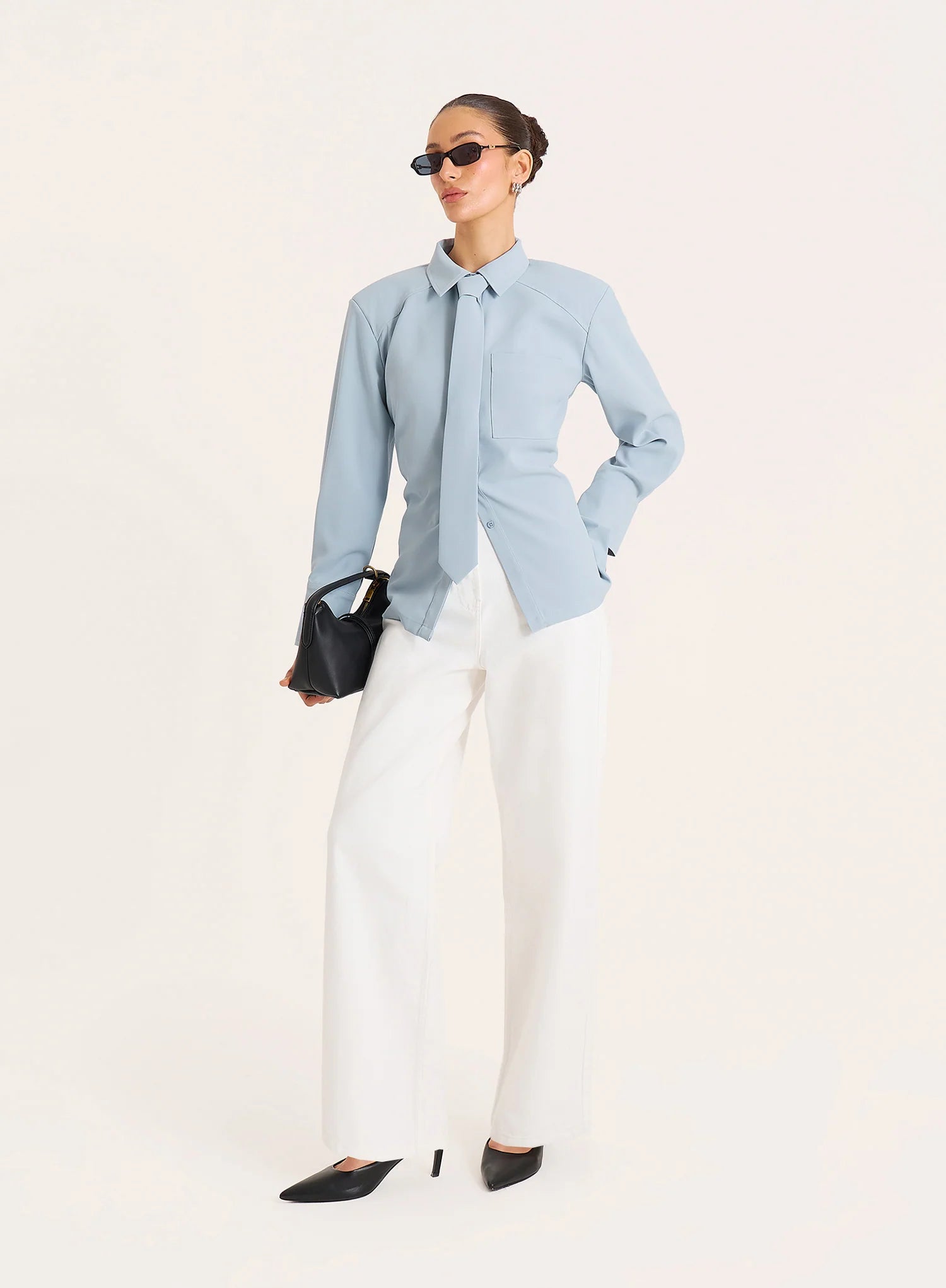 Blue Cinched Waist Tie Detail Shirt