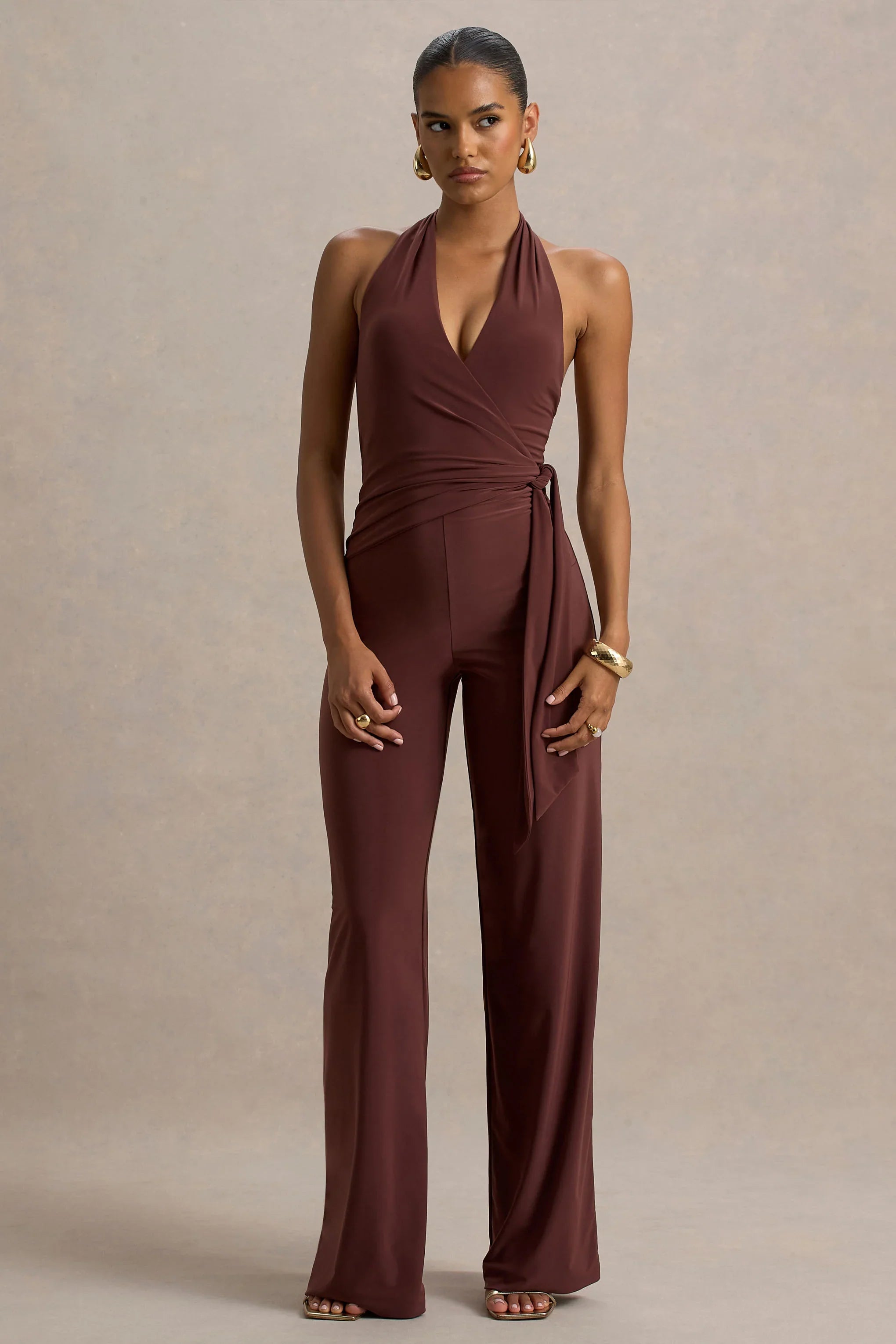 Marlais Chocolate Plunge Neck Jumpsuit With Tie Waist