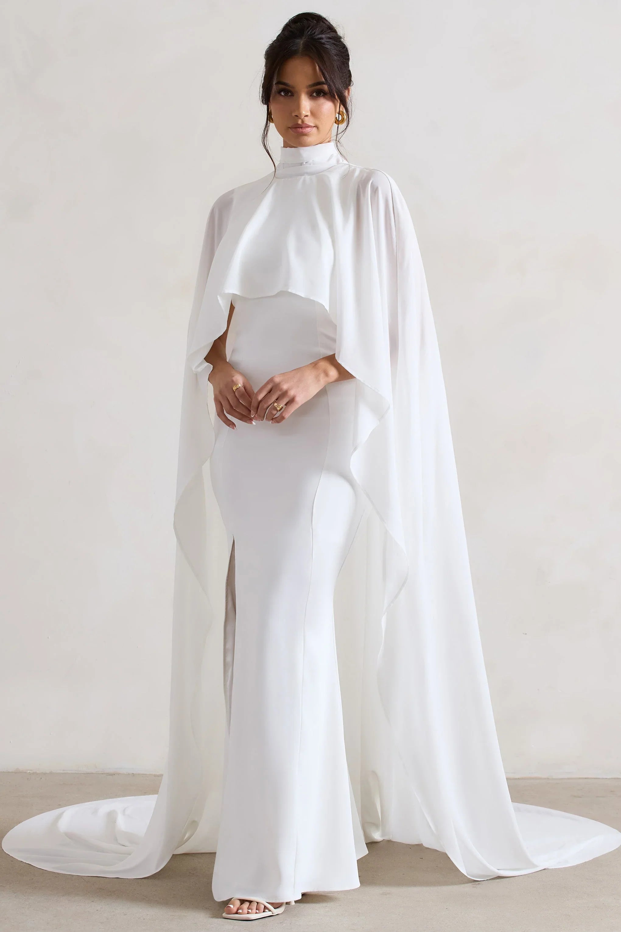 Saint Cream Fishtail Split Maxi Dress With Chiffon Cape
