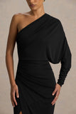 Lola Black Asymmetric Neck Maxi Dress With Ruched Detailing And Front High Split