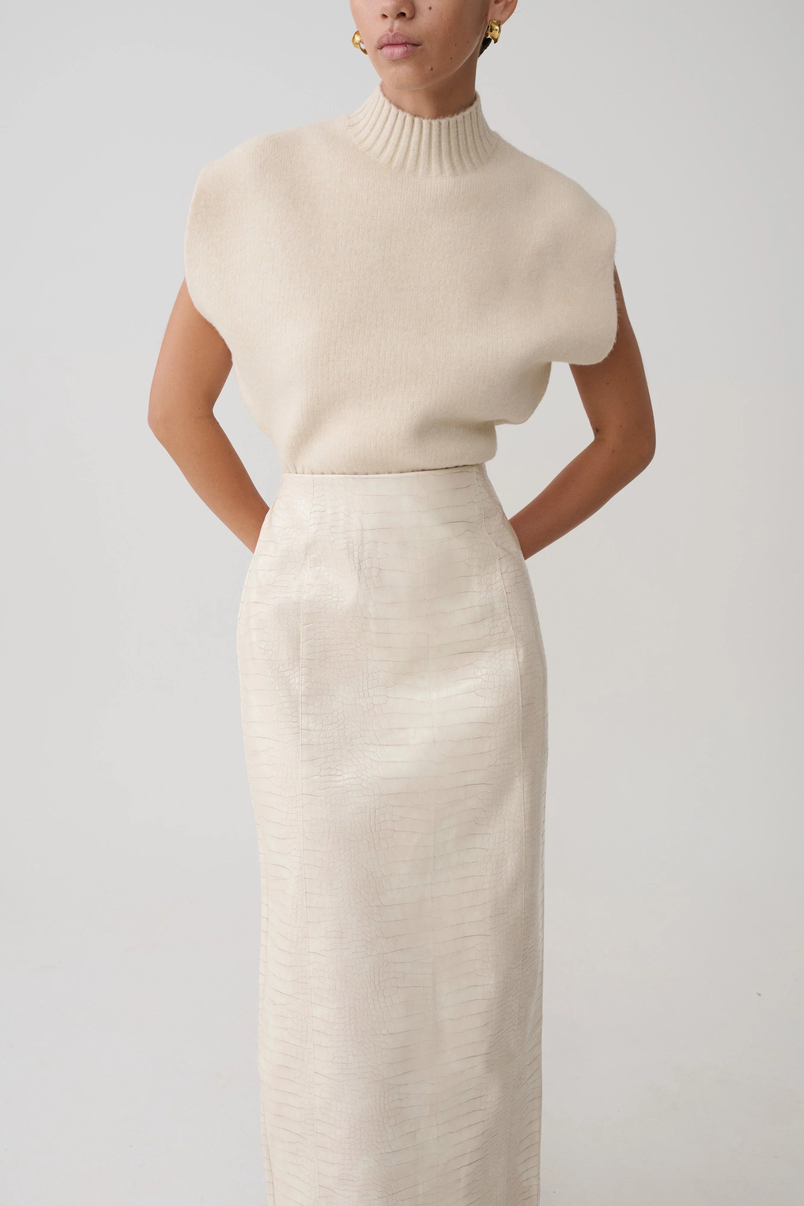 Thalia Croc Faux Leather Midi Skirt Ivory