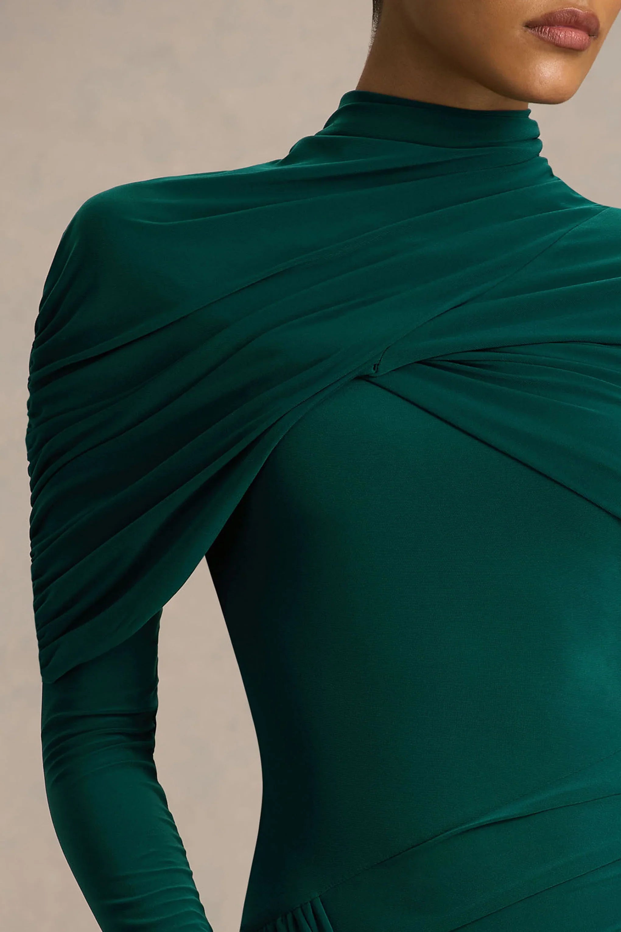 Aneira Bottle Green High Neck Maxi Dress With Cape Sleeves