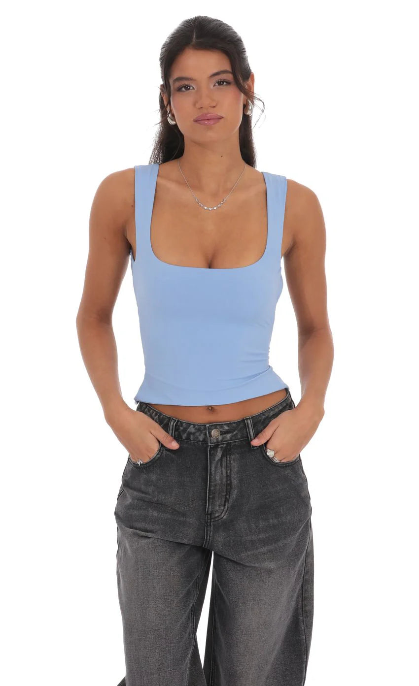 Scoop Neck Open Back Top in Sky Blue