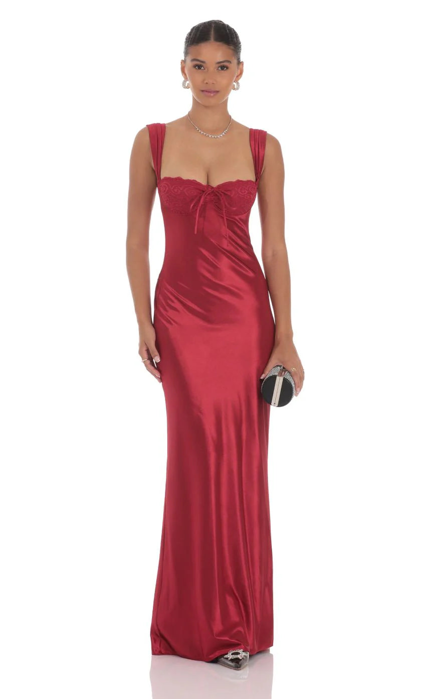 Satin Lace Bust Dress in Red