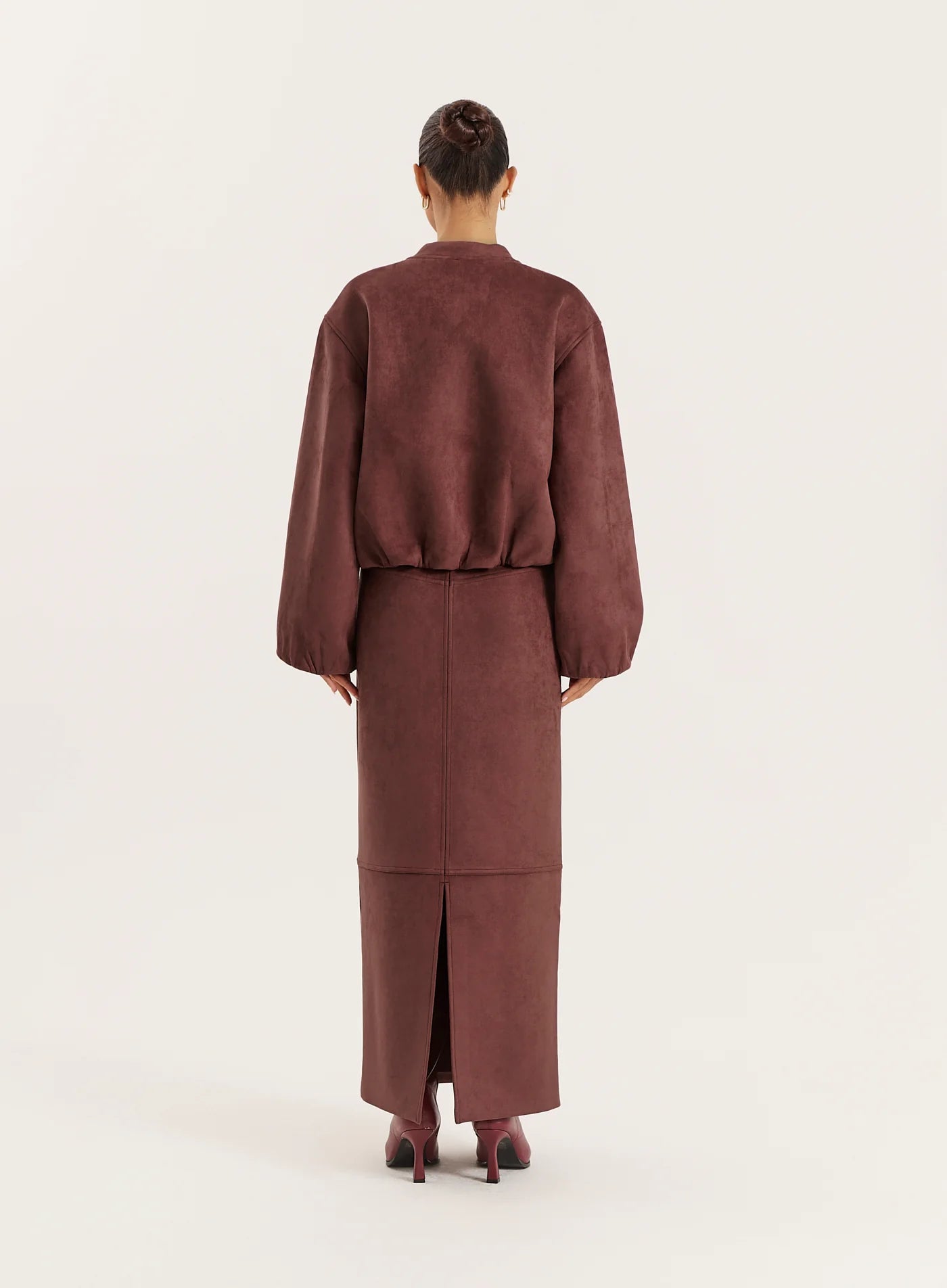 Burgundy Faux Suede Bomber Jacket