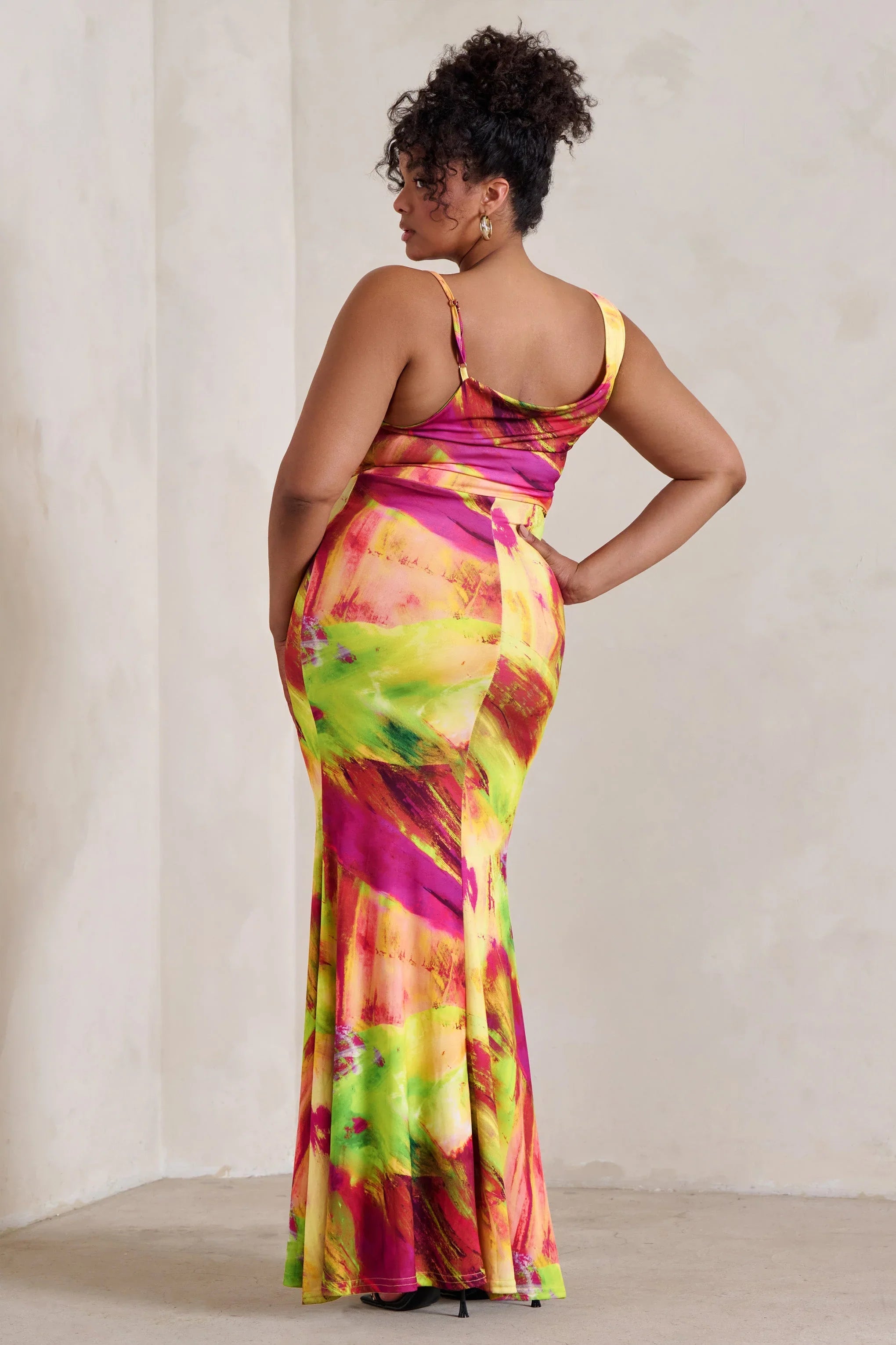 Phantasy Lime Print Asymmetric Neckline Cowl Maxi Dress