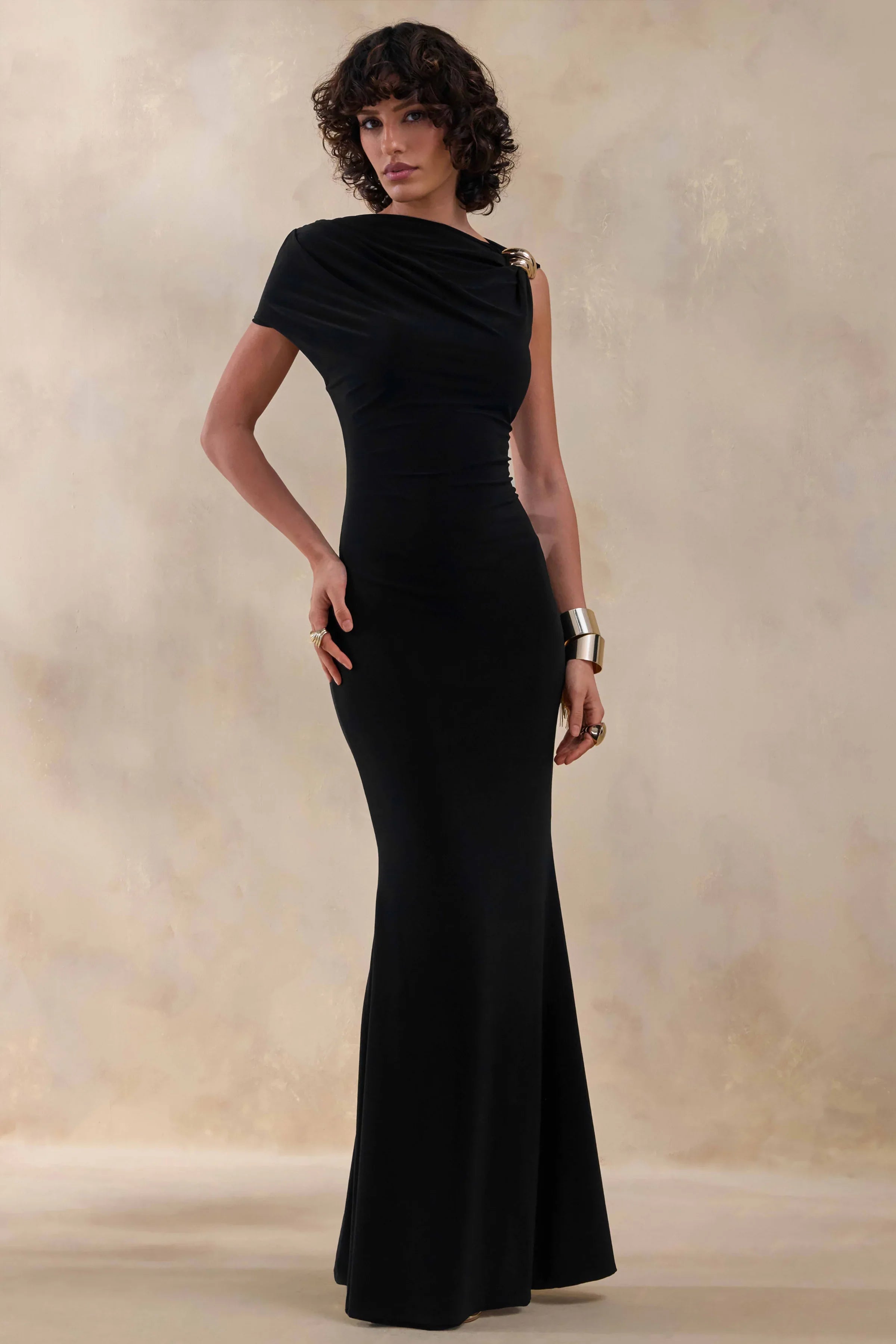 Blaire Black Asymmetric Neck Maxi Dress With Gold Detailing