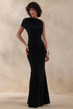 Blaire Black Asymmetric Neck Maxi Dress With Gold Detailing