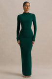 Eden Bottle Green High Neck Maxi Dress With Ruched Detailing