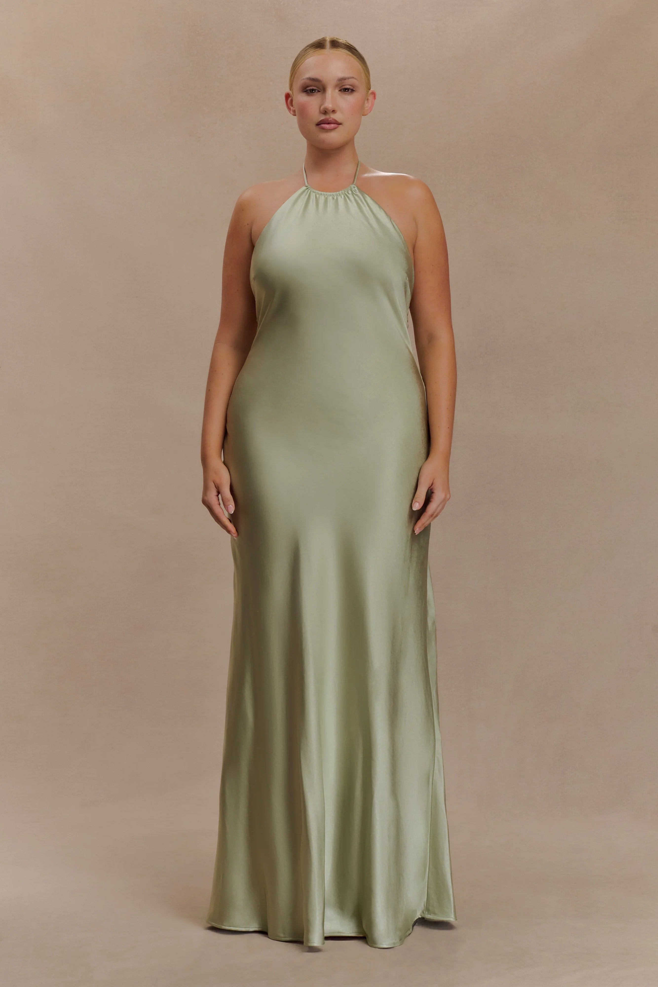 Bella Satin Halter Maxi Dress Sage