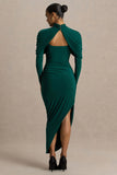 Aneira Bottle Green High Neck Maxi Dress With Cape Sleeves
