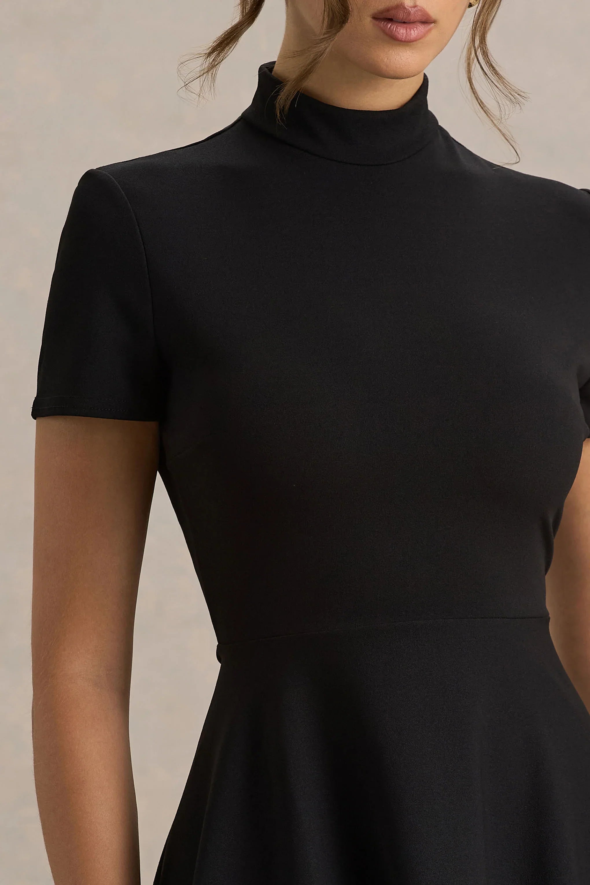 Bellona Black High Neck High Low Midi Dress