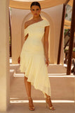 Lova Lemon Ruched Asymmetric Maxi Dress With Ruffle Hem
