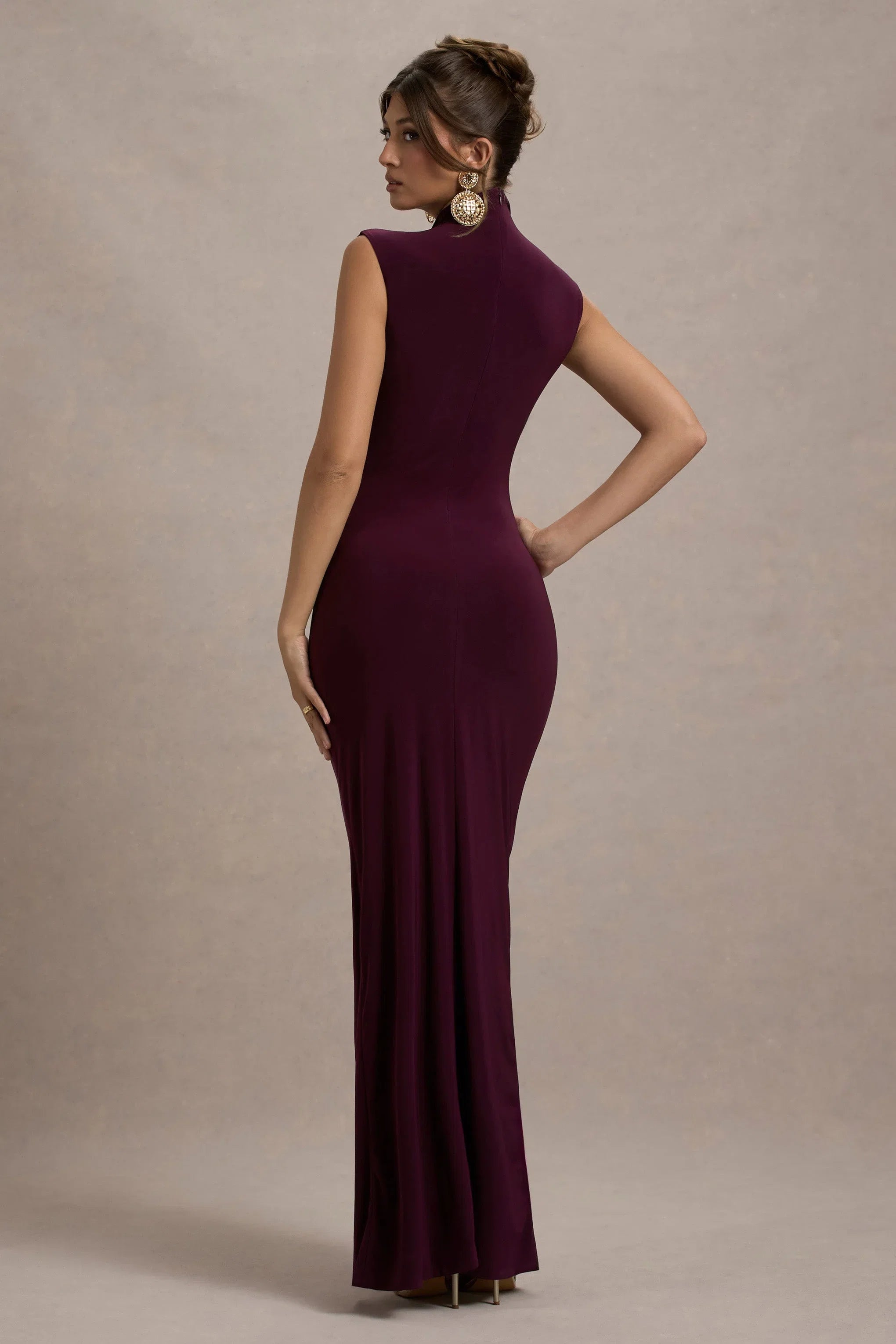 Lanetta Plum Ruched High Neck Maxi Dress With Split
