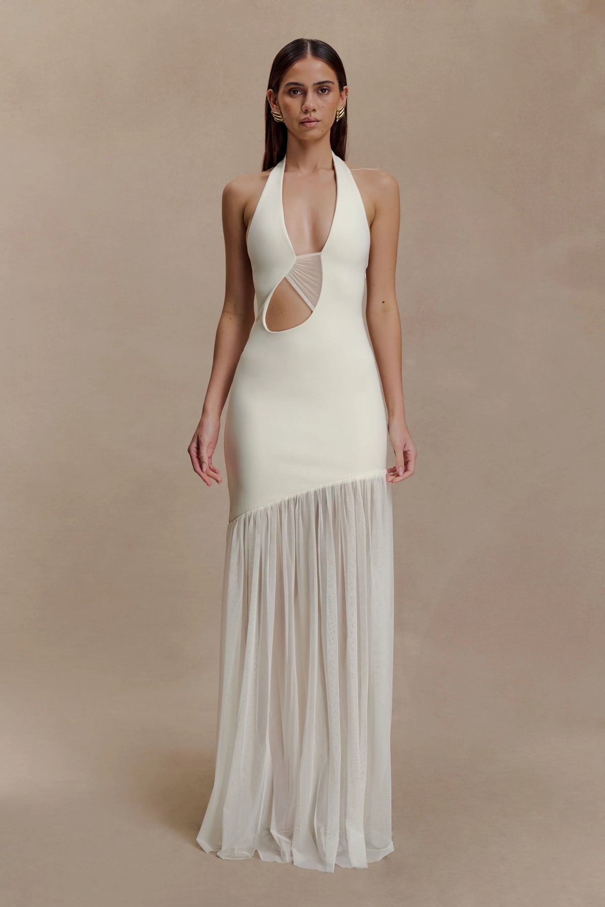 Aubree Crepe And Mesh Maxi Dress Ivory