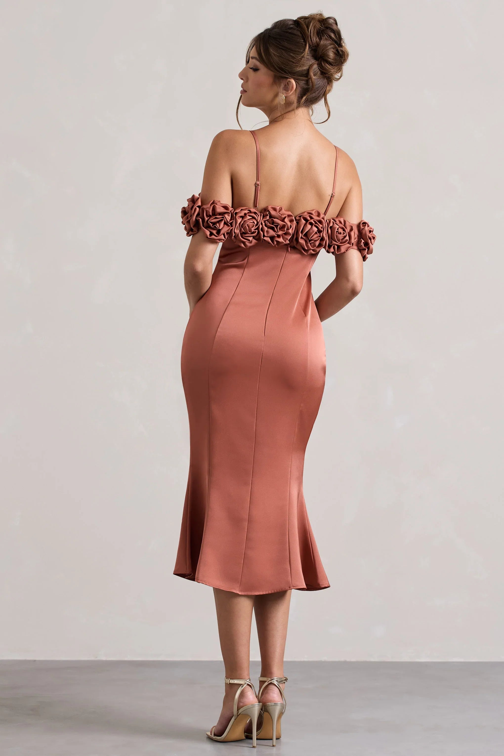 Petunia Rust Satin Floral Bardot Midi Dress