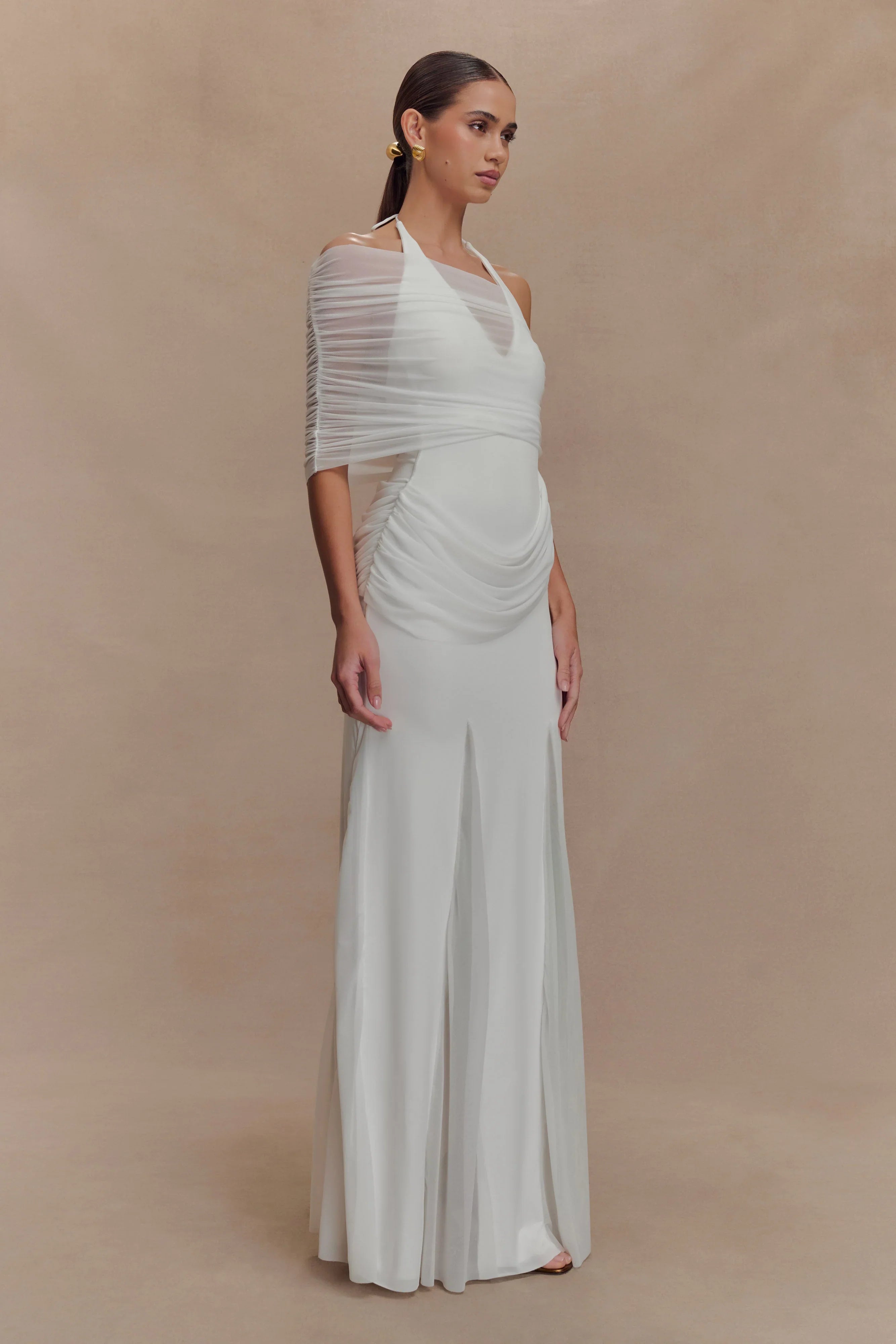 Gabrielle Slinky And Mesh Maxi Dress White