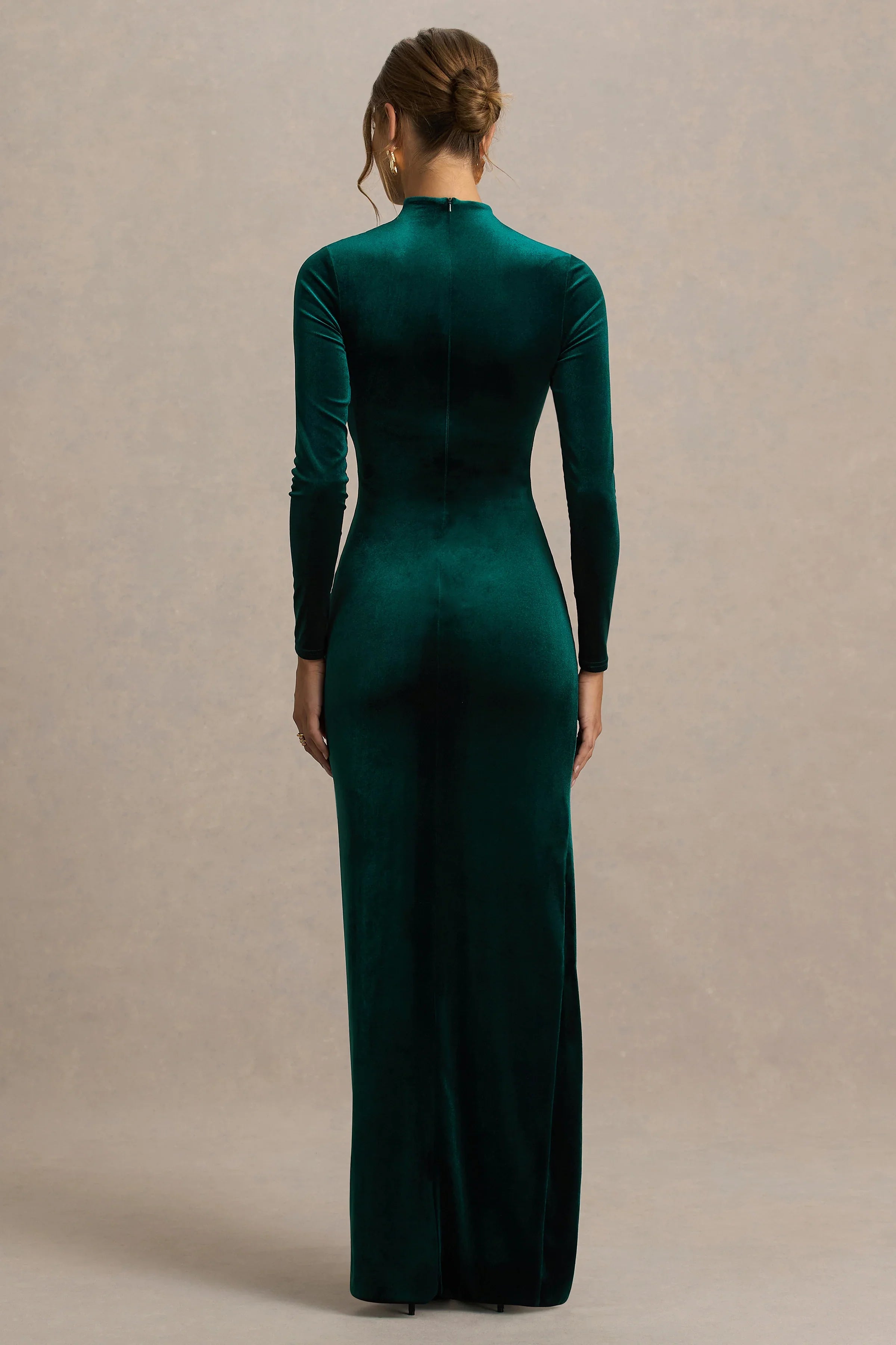 Wishes Bottle Green Velvet High Neck Maxi Dress With Wrap Skirt